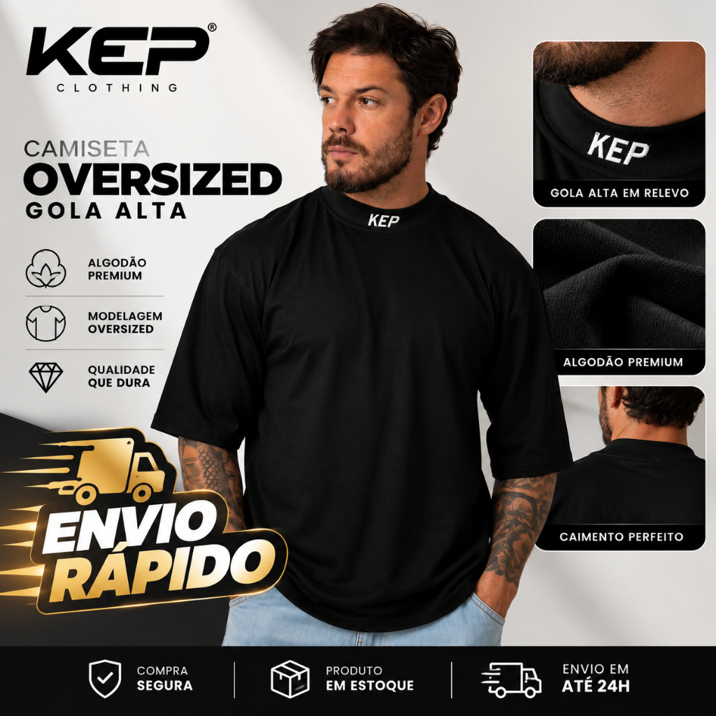 Camiseta Oversized Masculina Gola Alta Kep Premium, ideal para academia, trabalho, passeios, lazer e looks streetwear