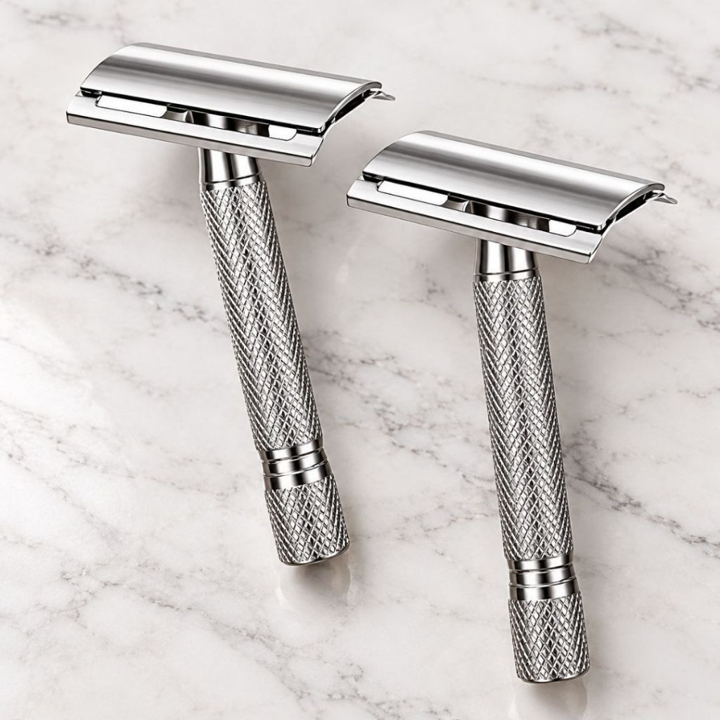 Kit 2 Aparelho de Barbear Metal  Para Barba Bigode Depilação Com Uma Lâmina Grátis