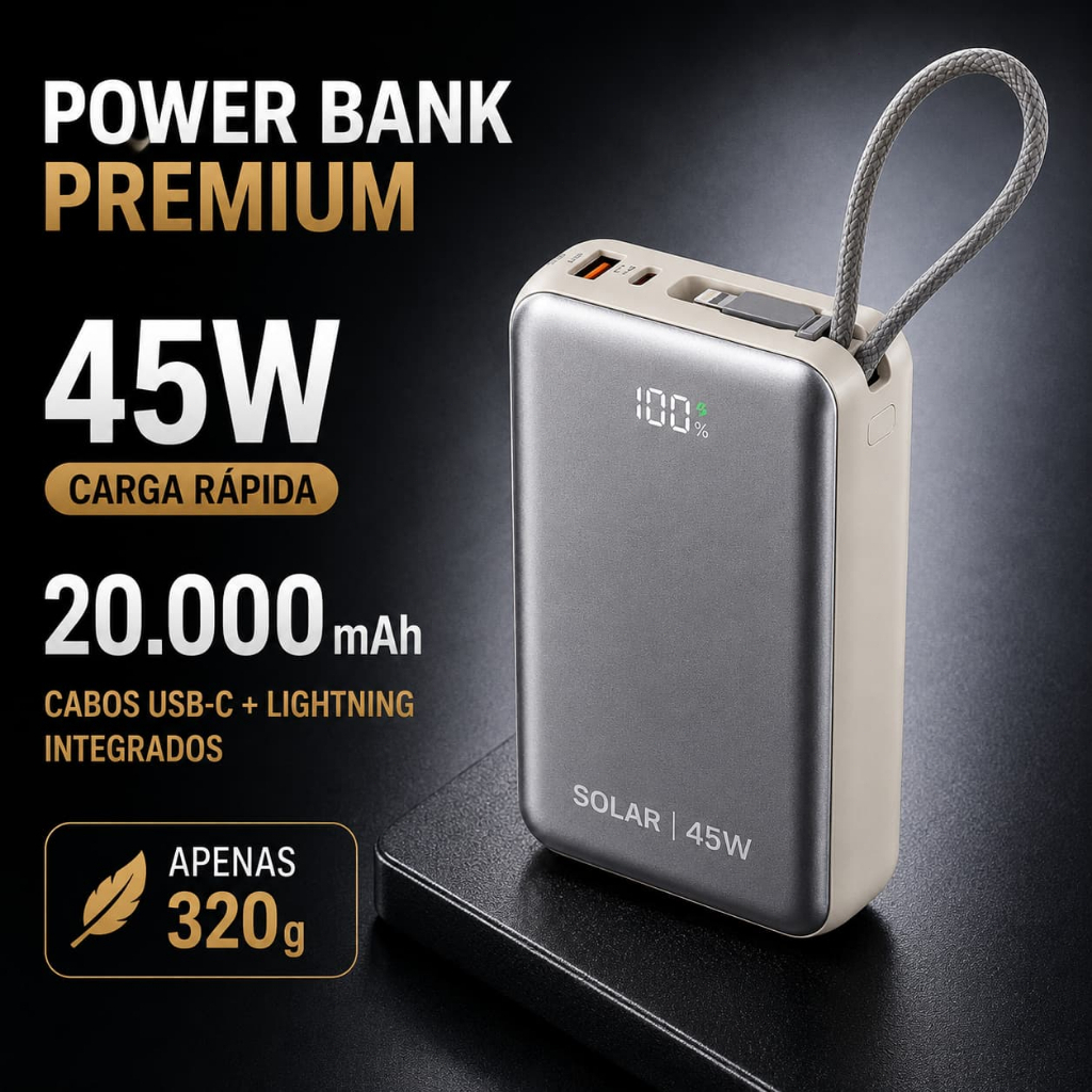 Carregador Portátil Power Bank 20000mAh 45W Carga Rápida com Cabos USB-C Lightning Display Digital para iPhone Android