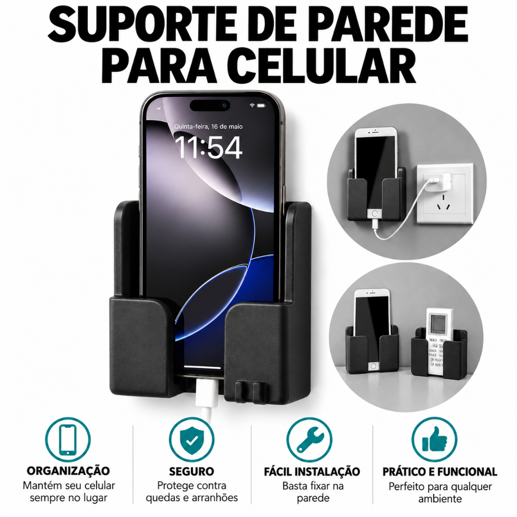 Suporte de Celular de Parede Preto com Passagem para Cabo Organizador para Carregamento Smartphone