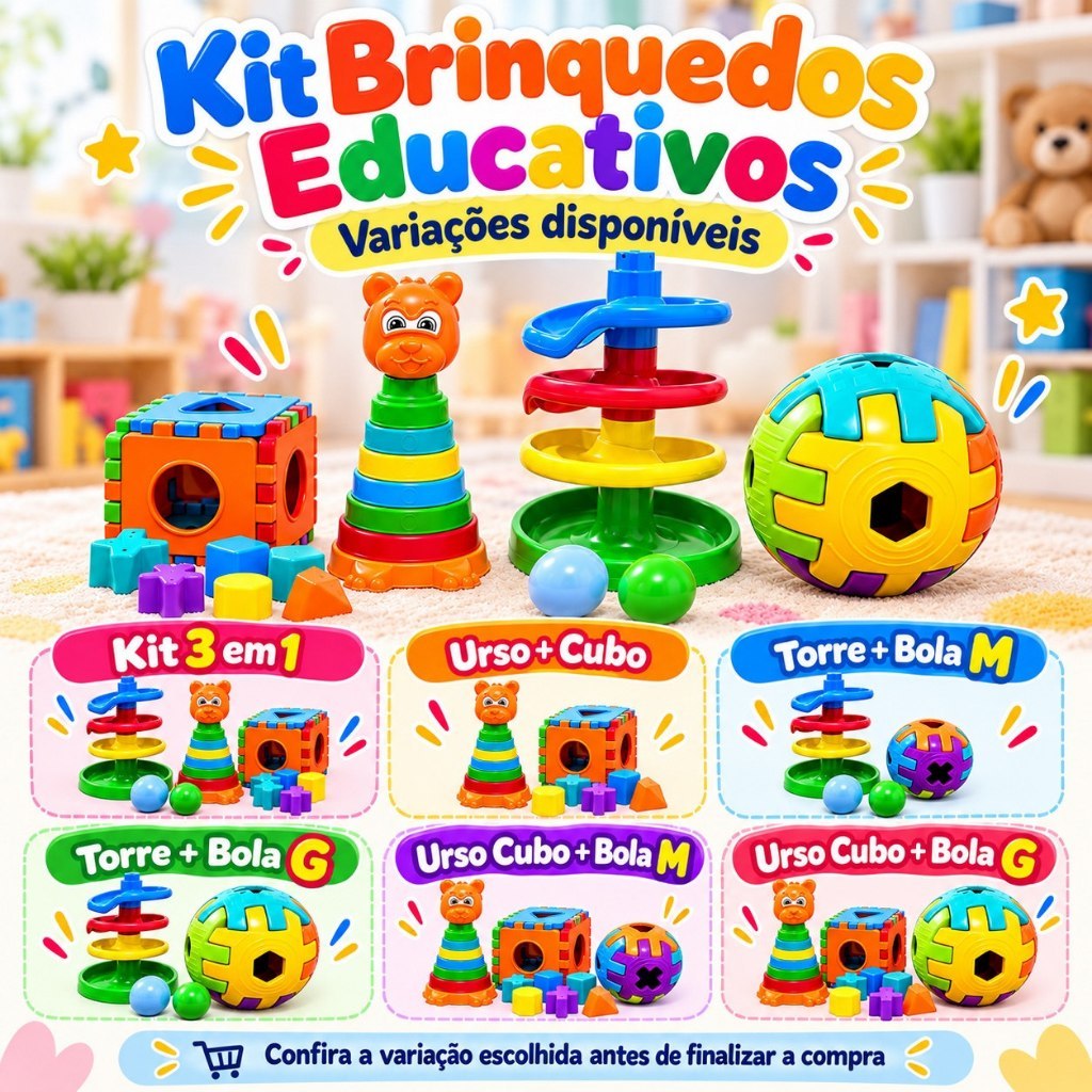 Kit Brinquedos Educativos Escorrega Torre de Bolinhas Urso Cubo Bola M ou G Encaixe Formas Coordenação Motora Infantil