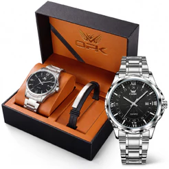OPK Conjunto Relógio Masculino Quartzo Preto Pulseira Couro Aço Inoxidável Calendário Luxo Presente Caixa 6003