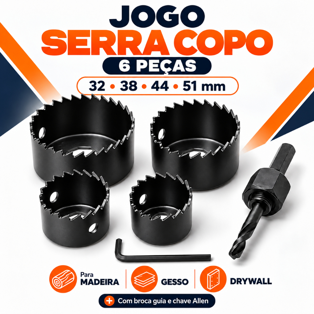 Kit Jogo Serra Copo 6 Peças Broca Madeira Gesso Drywall 32 38 44 51mm Furadeira Furador de Madeira Cortador de Furos