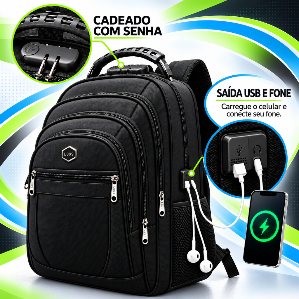 Mochila Masculina Notebook 15.6 Nylon Impermeável Reforçada Executiva Grande Capacidade Trabalho Faculdade Resistente