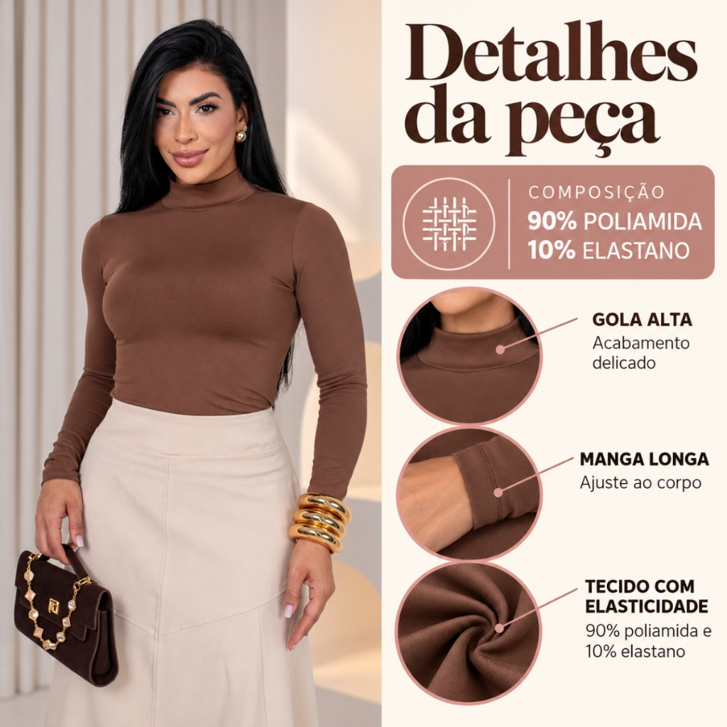 Blusa Feminina Manga Longa Gola Alta Noite Confortável Segunda Pele Proteção UV