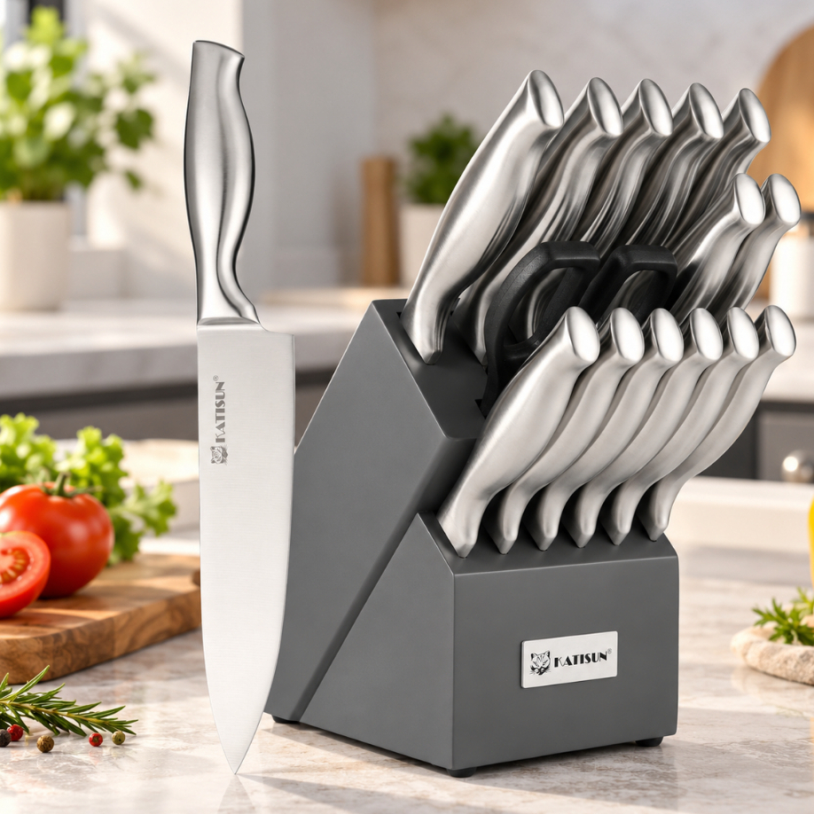 Conjunto de Facas de Cozinha 15 Peças em Aço Inoxidável com Suporte, Afiador Integrado e Design Profissional para Chef