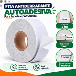 Fita Antiderrapante Autoadesiva para Tapetes e Passadeiras 5cm x 3mm x 5m Rolo Branco ou Preto Proteção e Fixação