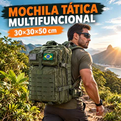 Mochila Tática Militar 45L com Patch Bandeira do Brasil, Impermeável Resistente, Camping Trilha Caminhada Aventura