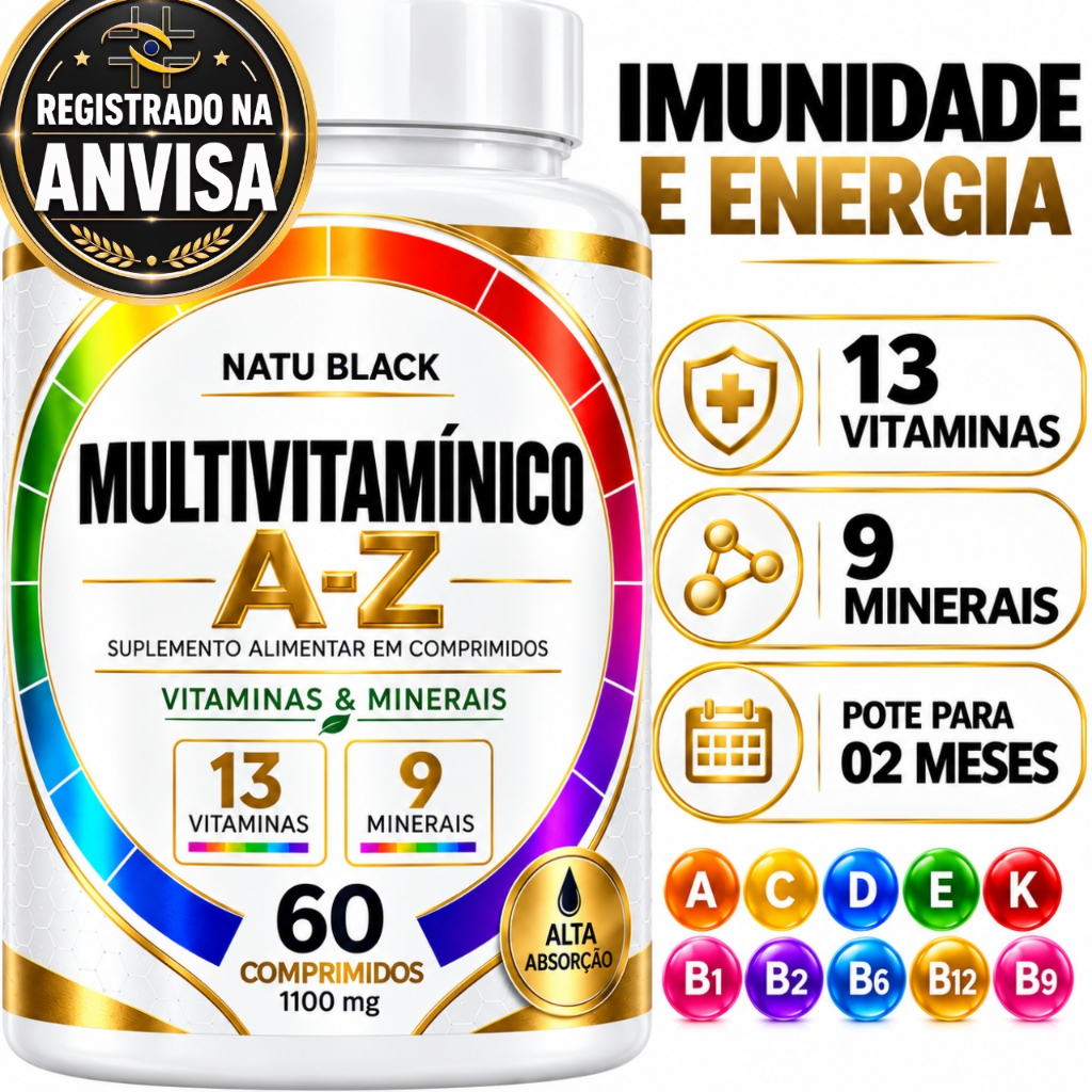 Multivitamínico A - Z Original 13 Vitaminas 9 Minerais 1100 mg Uniseex Pote Para 2 Meses de Uso