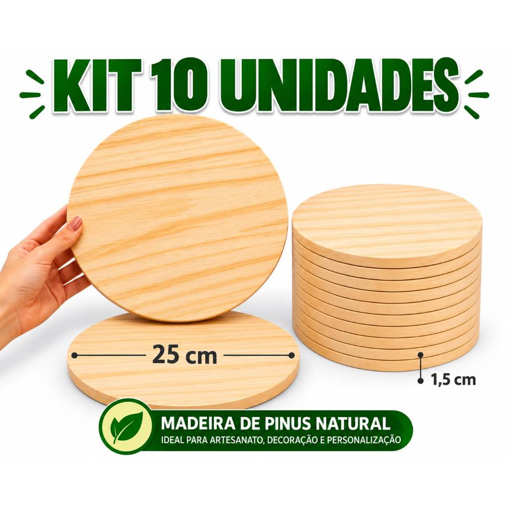 KIT 10 BOLACHA REDONDA DE PINUS 25 CM DIÂMETRO — MADEIRA NATURAL | 15 MM - PLACA REDONDA MADEIRA PINUS 25 CM DIÂMETRO