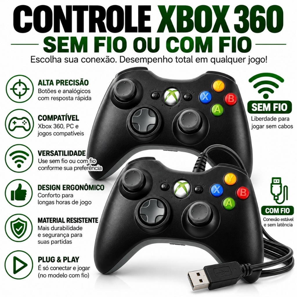 Controle Xbox 360 Sem Fio e Com Fio Preto Wireless Joystick Para Computador Ps3 e Android