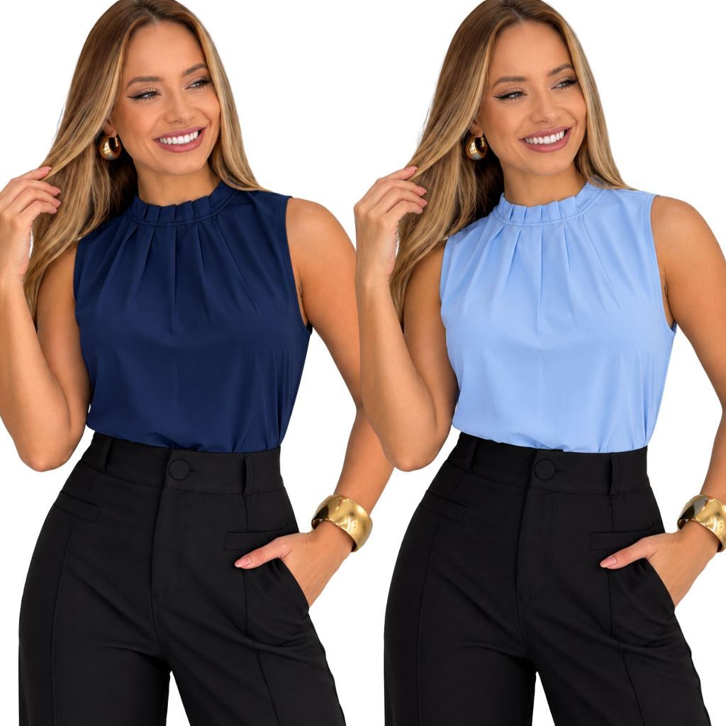 Kit 2 Blusas Femininas Regata Gola Alta Elegante Social Tecido Duna P M G GG