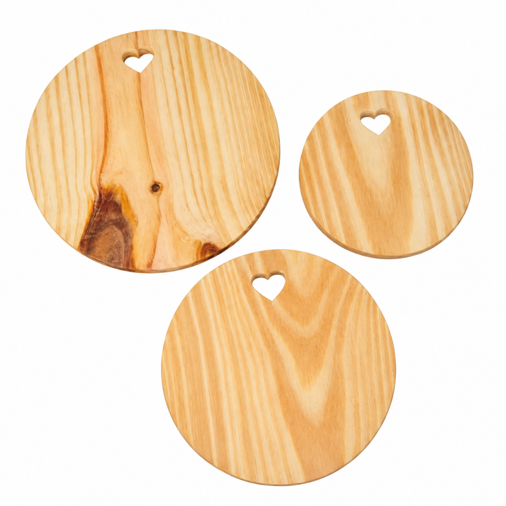Trio Tábuas Redondas Madeira Pinus com Coração Petisqueira para Frios decoração, festa, mesa posta.