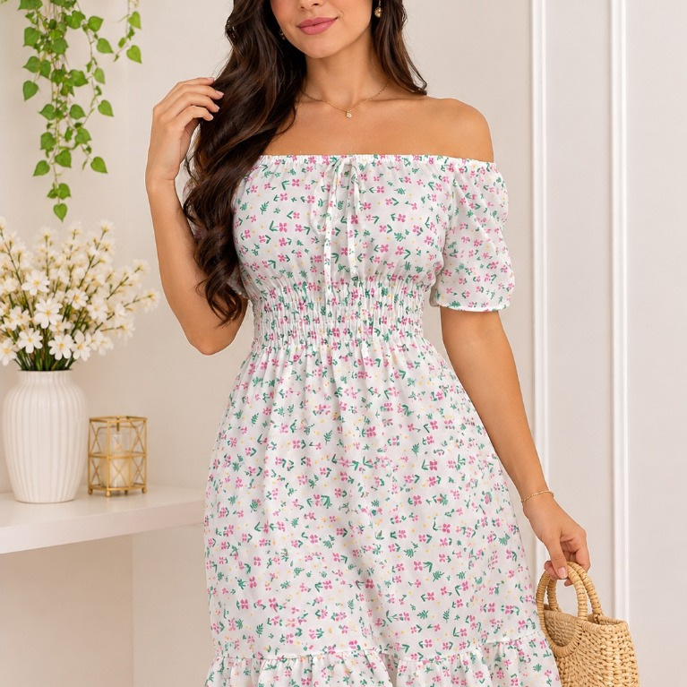 Vestido Ciganinha Curto em Crepinho com Laço, Elastex na Cintura | Veste do 38 ao 42 | Várias Cores
