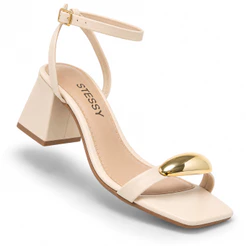 Sandália Feminina Stessy Salto Médio lesma Metalizado Cor Off-white Casual Leve Verão Confortável