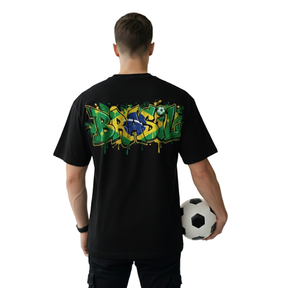 Camiseta Preta Masculino Brasil Gola Careca Basica Estampa Futebol Copa Mundo Dia a Dia