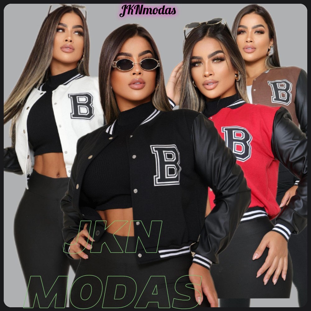 JAQUETA  Bomber Feminina MANGA COURO estilo Colegial Bomber moda Blogueira Inverno