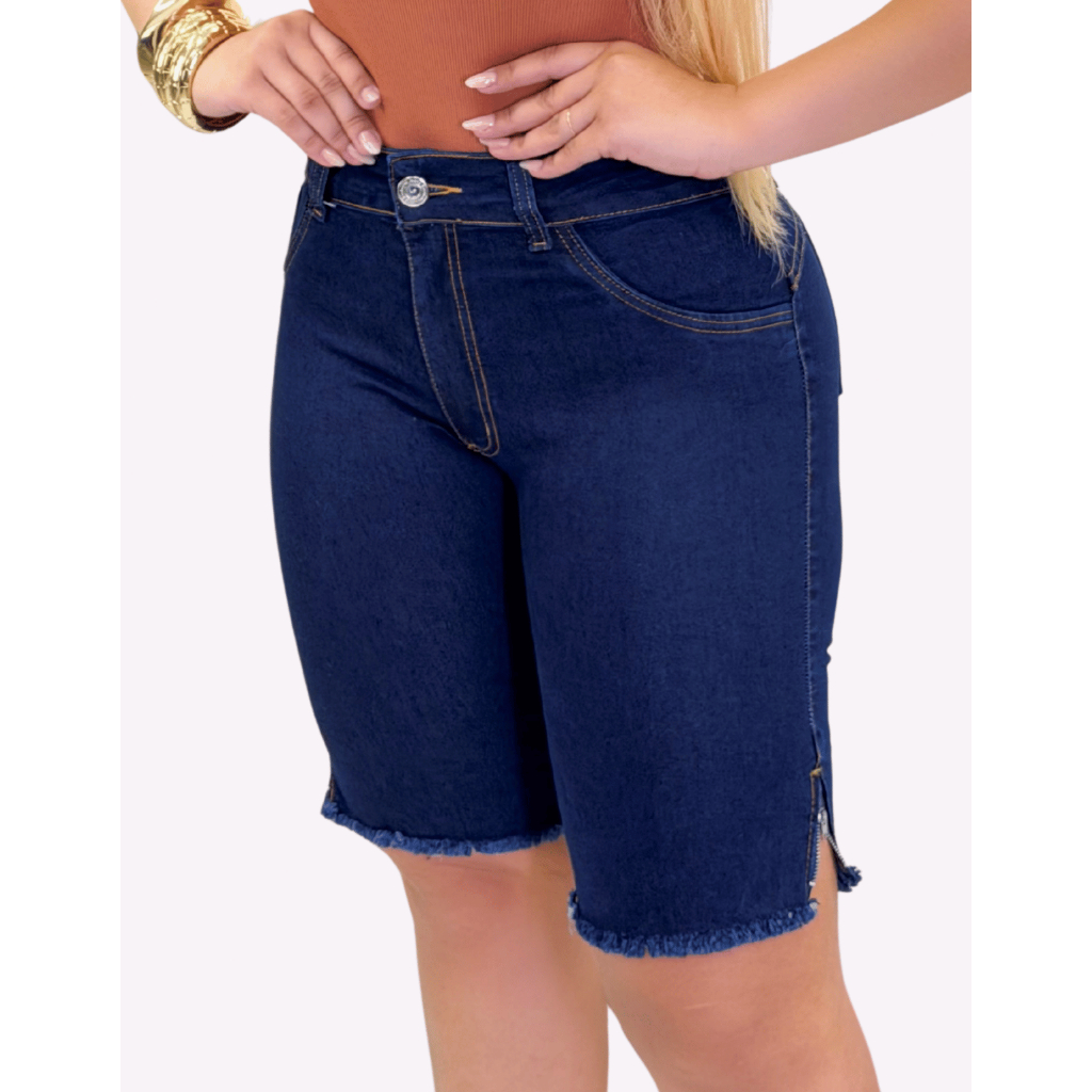 Short Jeans Feminino Cintura Alta Barra Desfiada Com Lycra Pedal Shorts Elastano Cós Alto Mom Hot