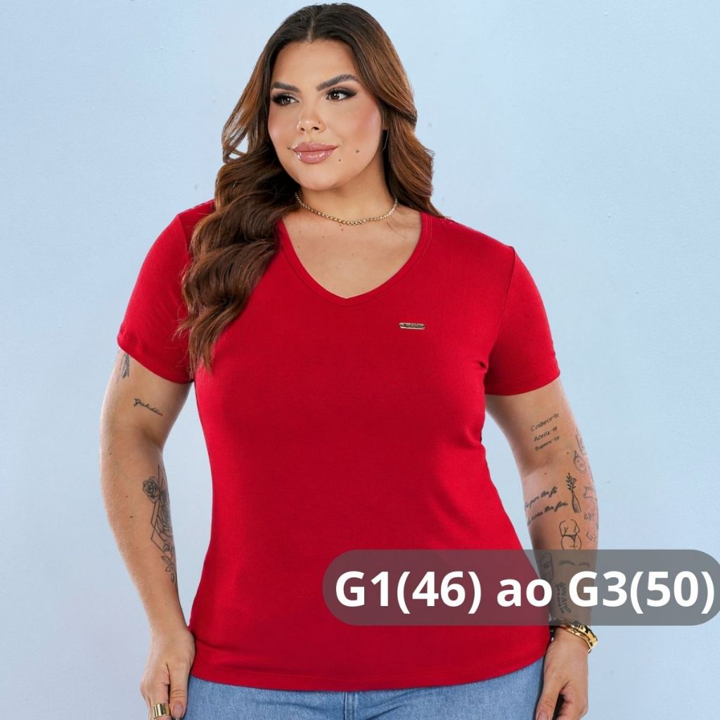 Blusa Feminina Plus Size G1 ao G3 Gola V Manga Curta Malha Viscolycra Moda Básica Confortável e Elegante Dia a Dia em Oferta na Shopee