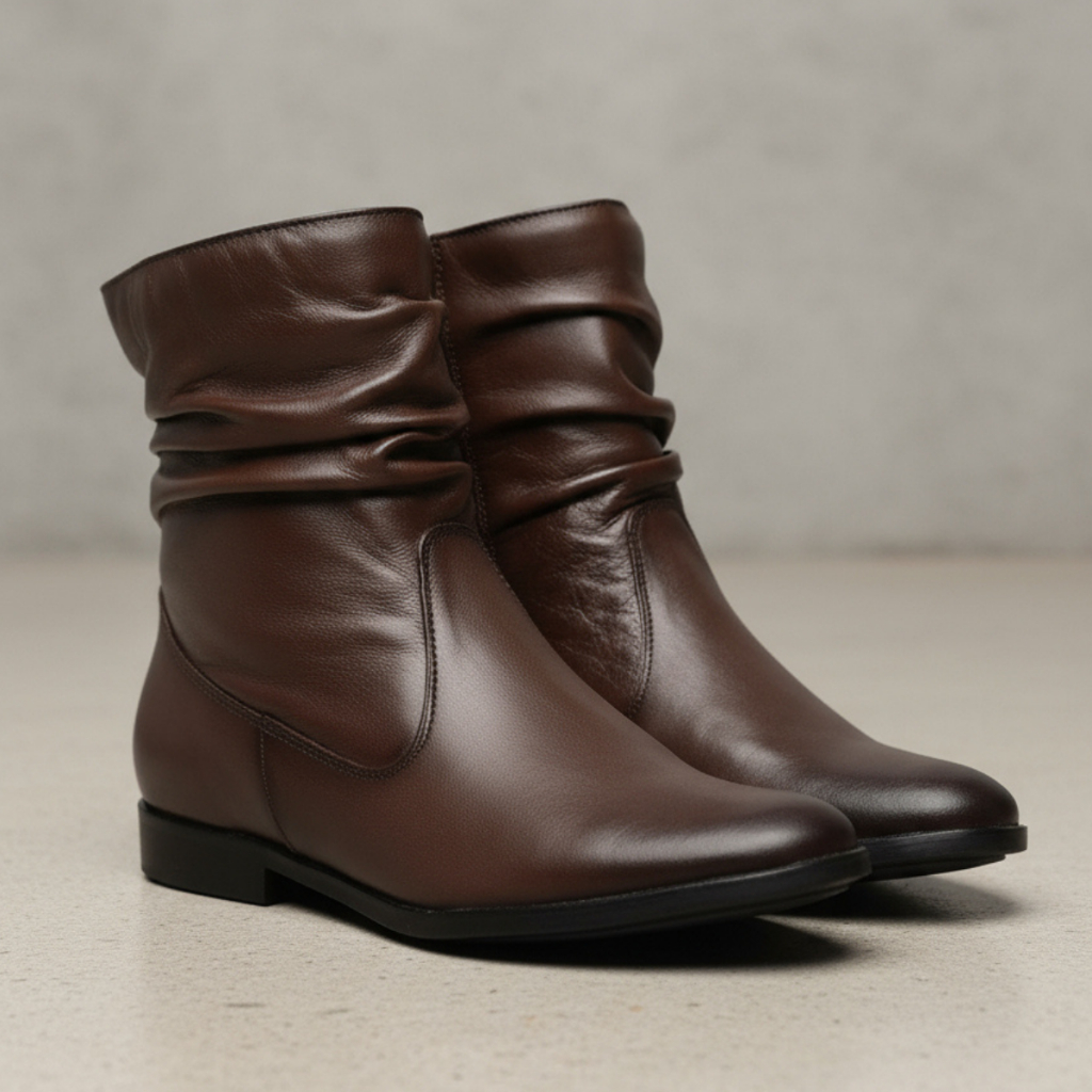 Botinha Feminina Casual em Couro Premium Enrugada Coturno Tendência Moda Inverno Chique Moderna