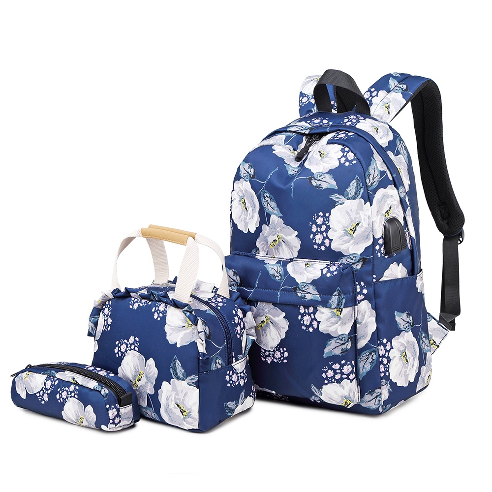 Kit Mochila Lancheira Estojo Guelph Feminina Florida Escolar Faculdade USB Fone