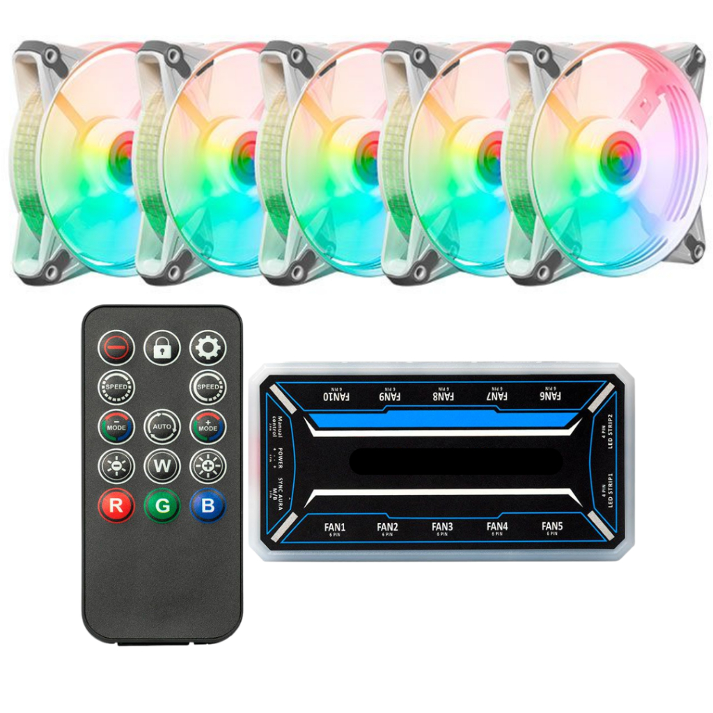 Kit 5 Cooler Fan Led Argb 6 Pinos com Controladora 120mm para Gabinete Pc Gamer Alto Desempenho