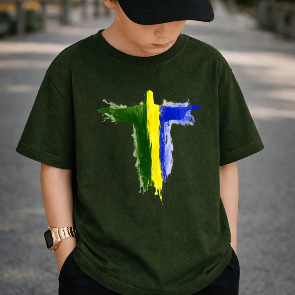 Camiseta Infantil e Juvenil 100% Algodão Premium Criança Personalizada Unissex Blusa Camisa Cristo Brasil Copa Mundo