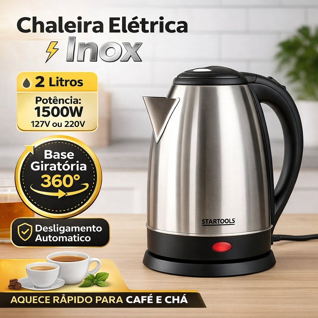Chaleira Elétrica Inox 2 Litros 1500W – 127V ou 220V | Jarra Elétrica para Café, Chá e Água Quente em Oferta na Shopee
