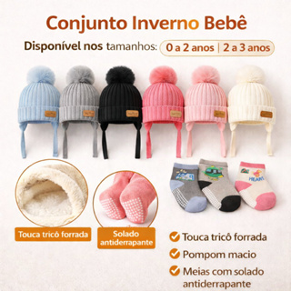 Touca Bebê Inverno Forrada + Kit 3 Meias Antiderrapantes Conjunto Infantil 0 a 2 e 2 a 3 Anos em Oferta na Shopee