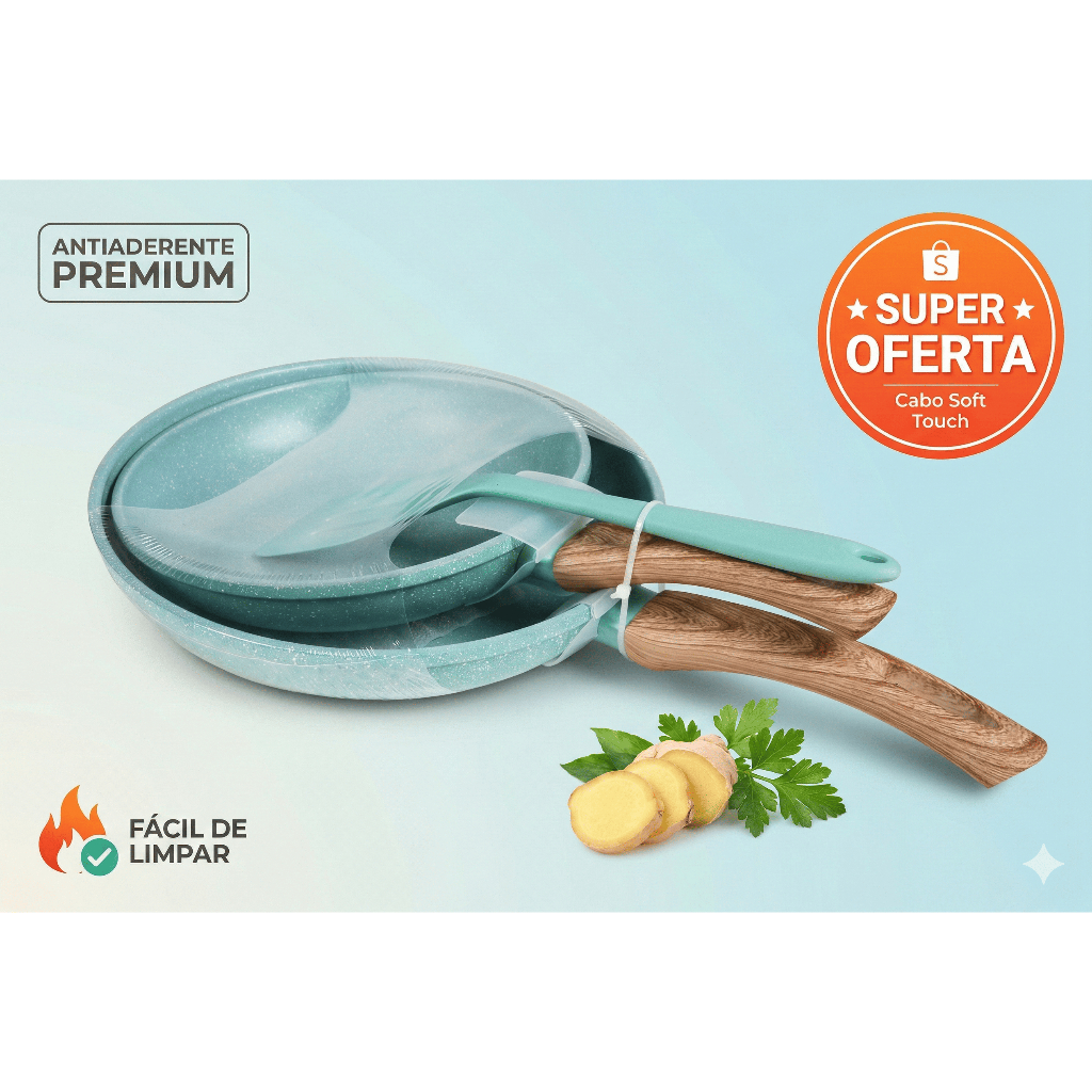Kit 2 Frigideiras Antiaderente Cerâmica Granito Indução + Espátula Silicone Jogo de Panelas Gourmet Profissional Verde