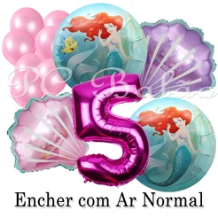 Kit 12 Balão Metalizado 2 SEREIA ARIEL 7 Bexiga ROSA CLARO CONCHA (1 ROSA 1 LILÁS) + Nº 70CM PINK