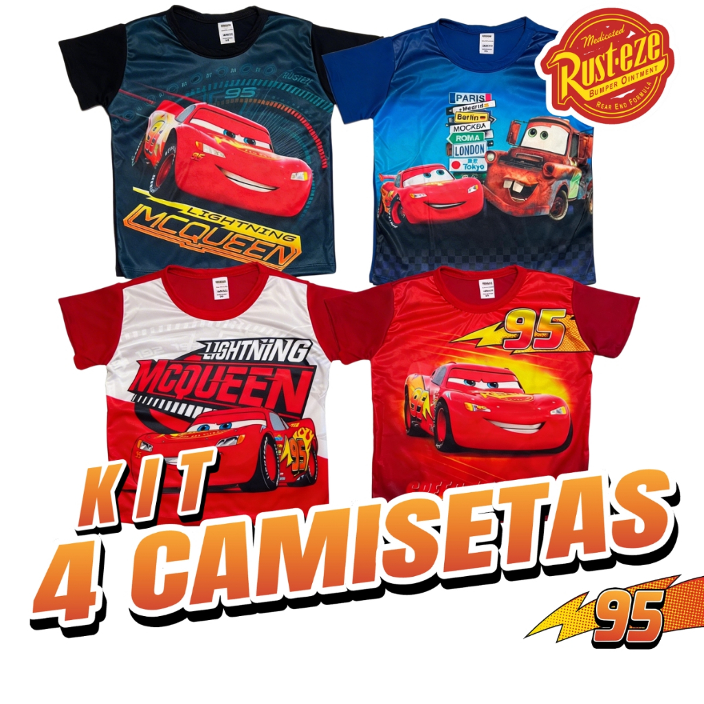 Kit 4 Camisetas Infantis Estampa Relâmpago McQueen Para Fãs De Carros Conforto E Estilo