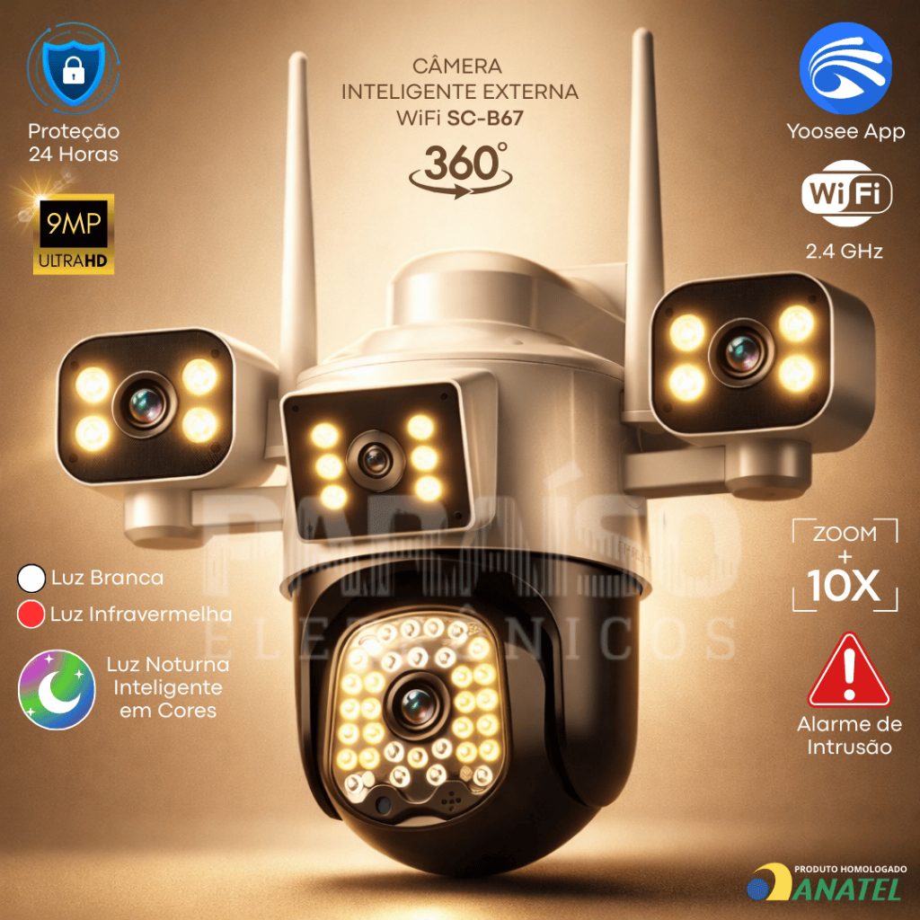 [NOVO] Câmera Inteligente 360º de Segurança ULTRA HD 10X ZOOM 3 Lentes Wi-Fi Visão Infravermelho em Oferta na Shopee