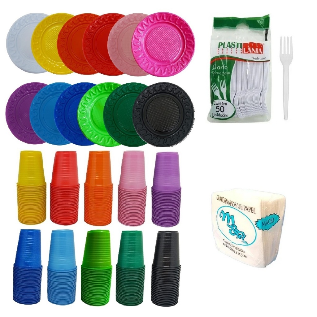 Kit Festa Aniversário 50 Pratos 15cm + 100 Copos 200ml + 50 Garfos Sob. + 100 Guardanapos em Oferta na Shopee