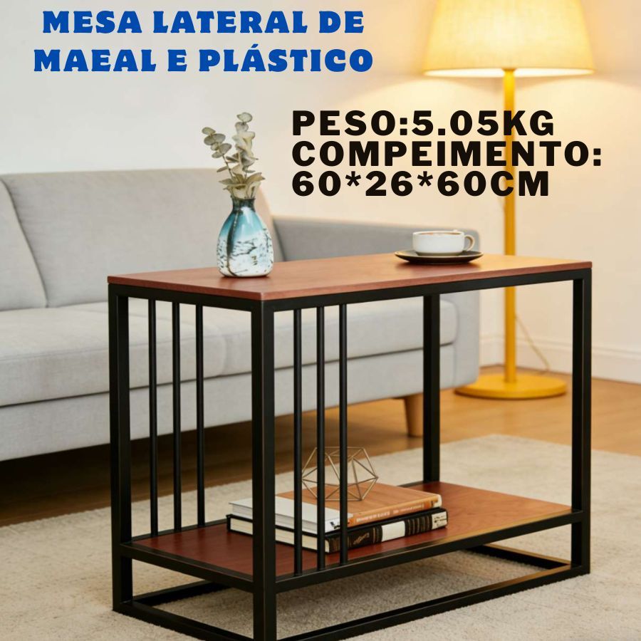 Mesa Lateral 2 Andares 60cm Industrial Estilo Loft Preta com Tampo Amadeirado Estrela