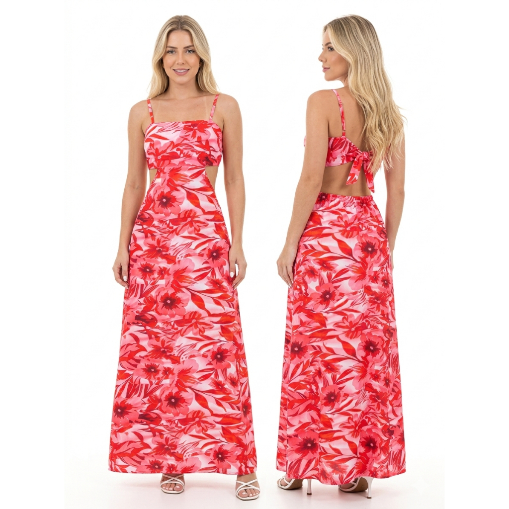 VESTIDO LONGO ESTAMPADO DECOTE QUADRADO
