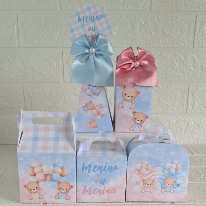 Kit Festa Personalizado Chá Revelação Azul e Rosa ursinho lembrancinha infantil