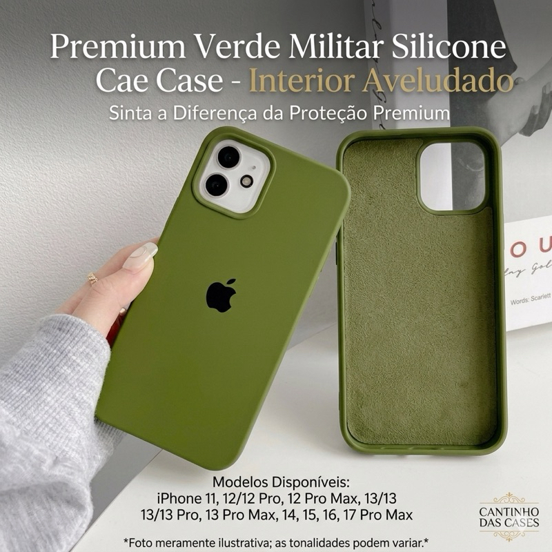 Capa Case capinha cor verde militar Premium silicone case aveludada dentro iPhone 5SE 11 12 13 14 15 ao 16 PRO MAX