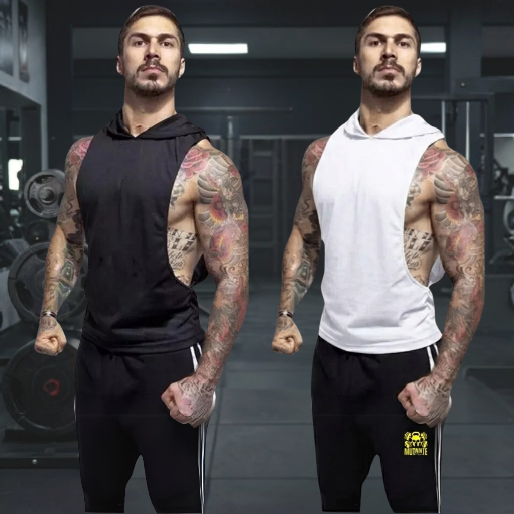 Kit 2 Regata Capuz Cavada Musculação Camiseta Treino Fitness Masculina e Capuz