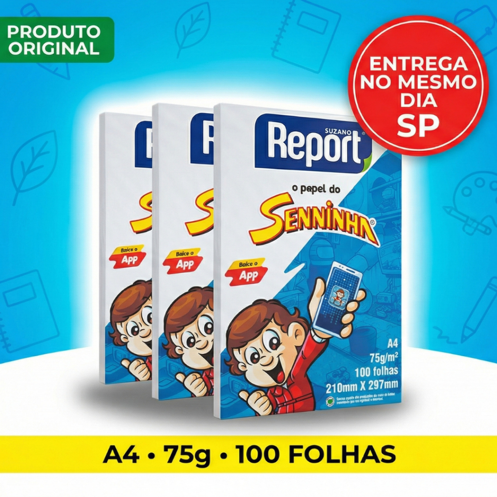 Kit 1, 2 e 3 Pacotes Papel Sulfite A4 100 Folhas Seninha Report Branco Escolar Resma Desenhar Pintar em Oferta na Shopee