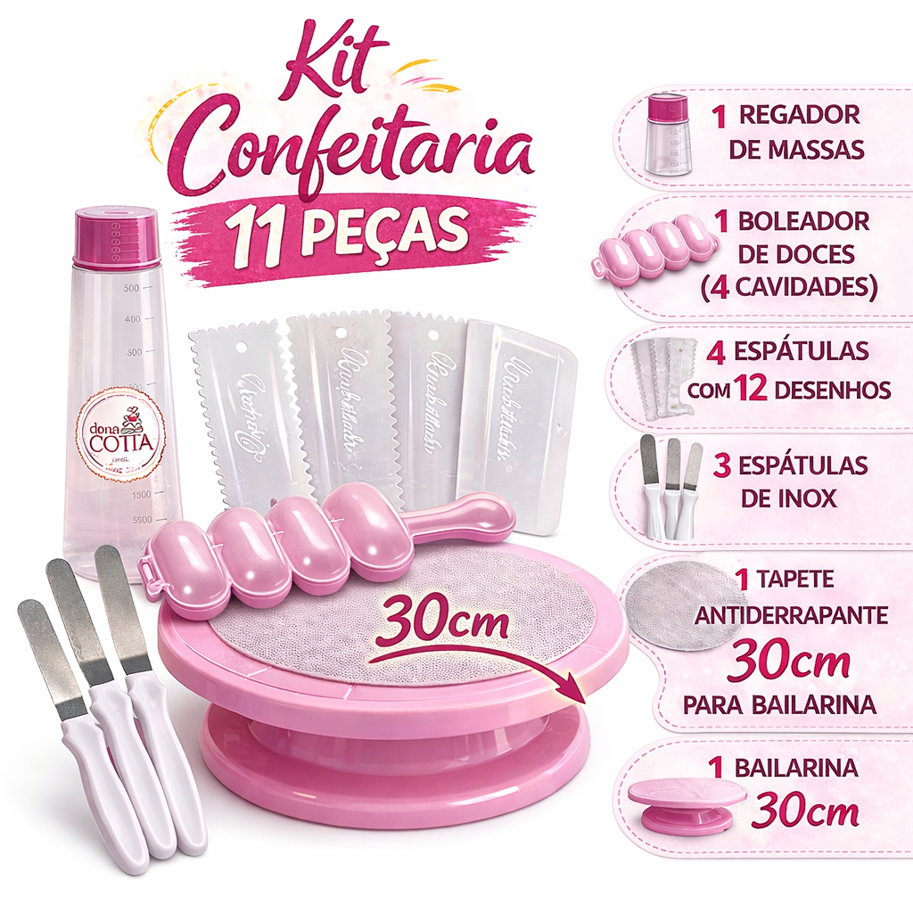 Kit Confeitaria 11 Peças Bailarina 30cm e 28cm Espátulas Inox Boleador Regador Tapete Completo Bolo em Oferta na Shopee