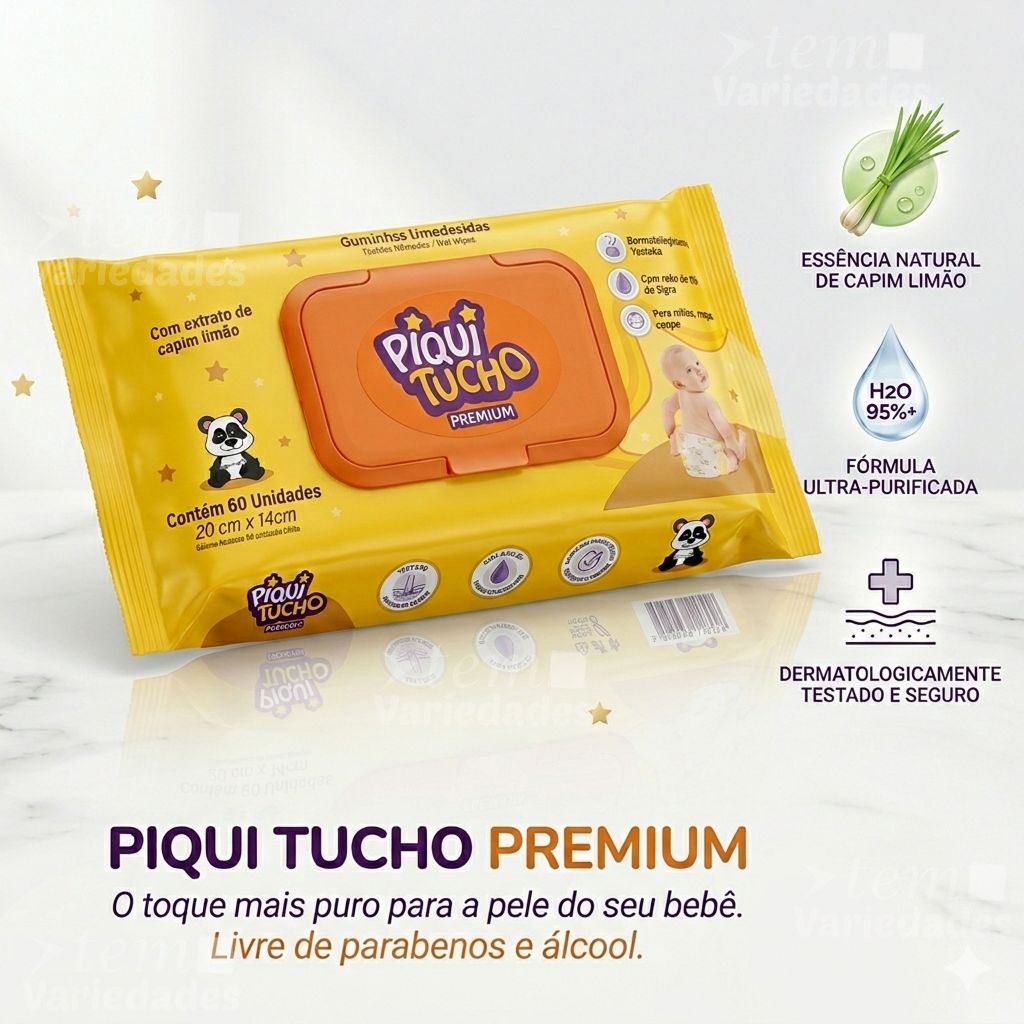 Lenços Umedecidas PIQUI TUCHO PREMIUM - Com Tampa - 95% Água - Promoção - Tem mais Variedades -