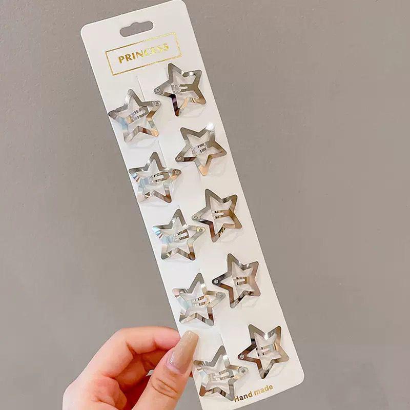Kit 5/10PCS Presilhas de Cabelo Estrela Y2K - Grampos de Cabelo Prateados Metálicos para um Visual Elegante e Moderno