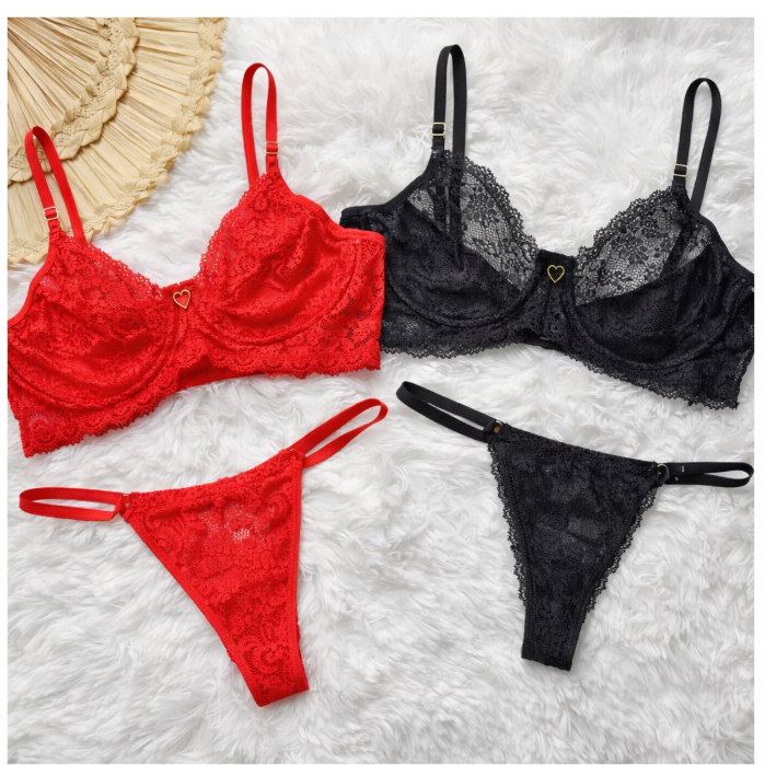 Kit 2 Conjuntos Calcinha Fio Dental De Renda Com Sutiã De Renda Sem Bojo Com Aro Sensual