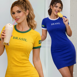 Vestido tubinho curto brasil t-shirt manga curta basica brazil copa do mundo 2026 em Oferta na Shopee