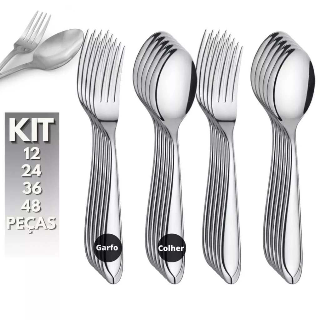 Kit 48 Peças Jogo de Talhares Inox 24 Colher de Sopa / Mesa e 24 Garfos de Mesa Talheres Faqueiro