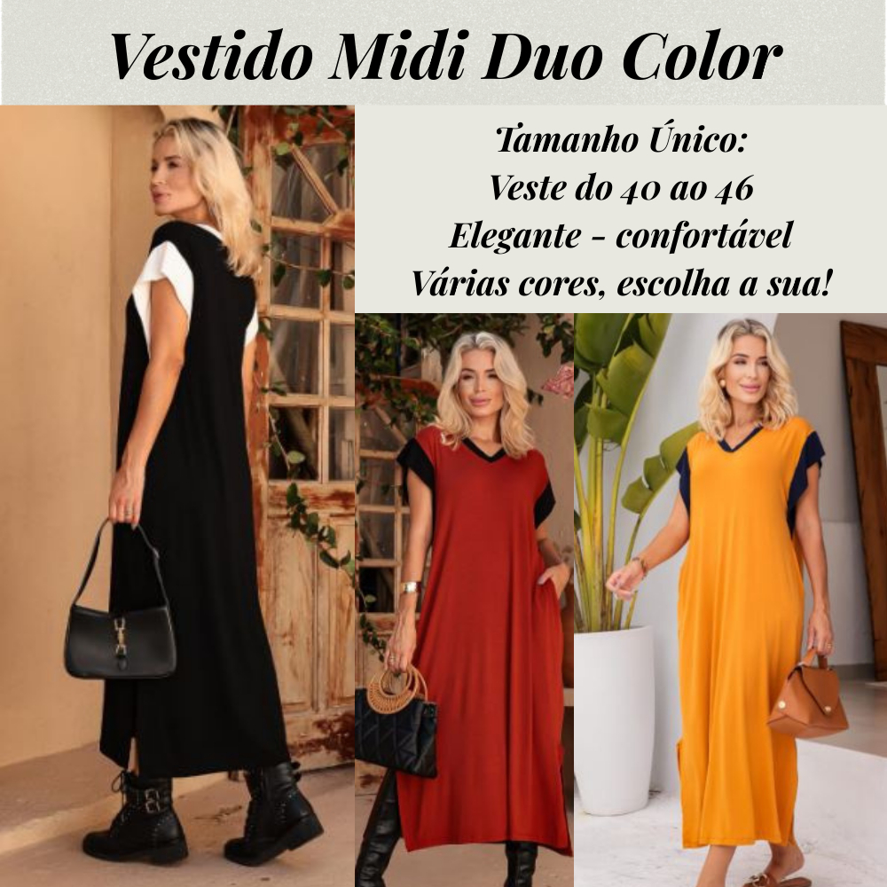 vestido midi feminino elegante moderno confortável soltinho casual manga curta com detalhe tendência estiloso dia a dia