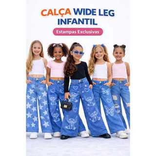 Calça Jeans Infantil Menina Wide Leg Tam 2 ao 16 Estampada Coração Estrela Stitch Destroyed Moda Blogueirinha em Oferta na Shopee