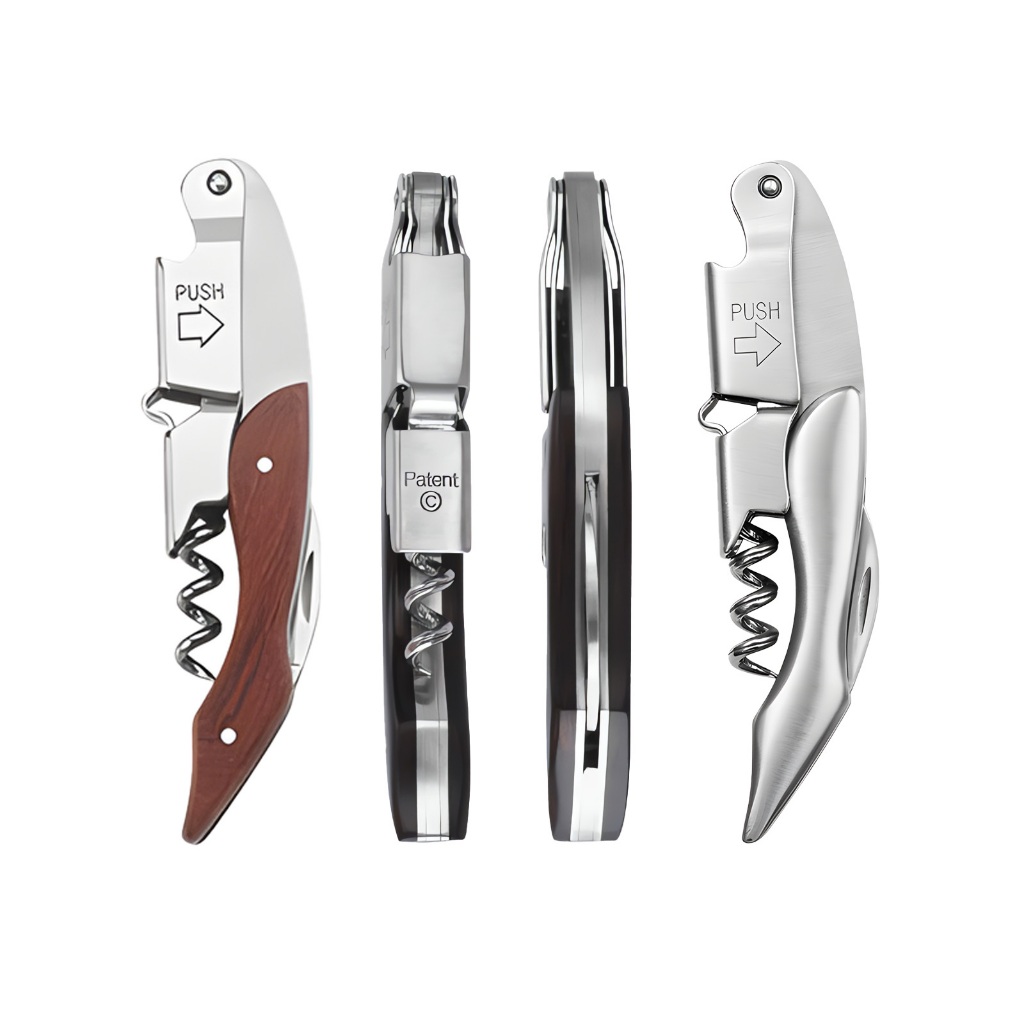 Abridor De Garrafa Multifuncional Aço Inoxidável com Alça de Madeira para Vinho, Cerveja e Champanhe