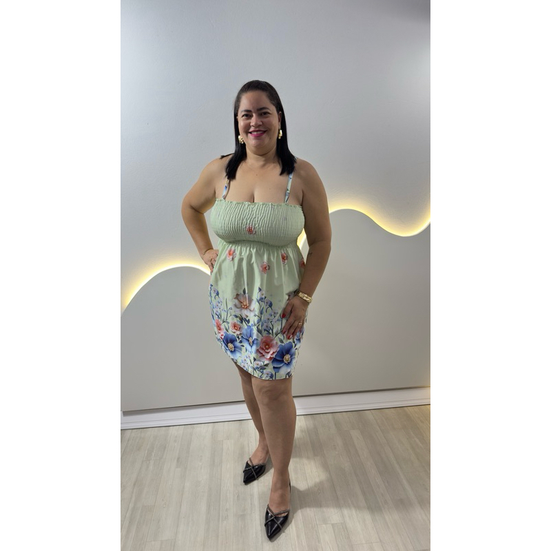 Vestido Feminino Curto Plus Size Estampado Com Alça De Regulagem e Elastex Tecido Crepe  GG